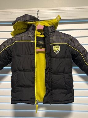 Kids Black Hooded Puffer Jacket with Lime Lining